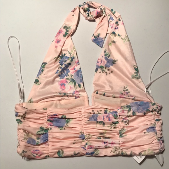 NWOT Zara Spring Pastel Crop Halter Floral Top Size Large in Light Pink - Picture 4 of 6